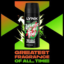 Lynx Africa the G.O.A.T. of fragrance 48 hours of odour-busting zinc tech Aerosol Bodyspray deodorant to finish your style 150 ml