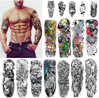 Konsait 16 Sheets Large Full Arm Temporary Tattoo Sleeve Tattoos Fake Body Art Lion Tiger Wolf Rose Pumpkin Skull Arm Chest Shoulder Tattoo Black tattoo Stickers for Man Women Adults