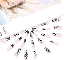 Neckon Coffin Flame False Nails Black and White Long Fake Nails Rhinestone Press on Nails Bellarina Glitter Acrylic Stick on Nails for Women and Girls (24pcs)