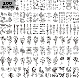 Acevegue 100 Sheets Tiny Branch Temporary Tattoos for Women Girls, Semi Permanent Black Flowers Wild Plant Rose Dandelion Butterfly Stickers, Realistic Small Fake Tattoos for Adults and Kids