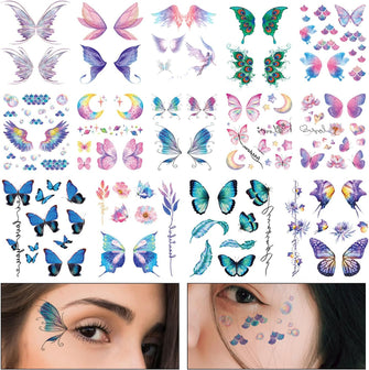 14 Sheets Glitter Butterfly Temporary Tattoos, Waterproof Fairy Wings Temporary Tattoo Body Art Fake Tattoos sticker for Women Girls Festival Music Party Favors Cosplay Eye Face Makeup