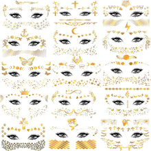 Gold Face Tattoos, 15 Sheets Metallic Temporary Tattoo Sticker Glitter Eye Halloween Face Stickers Jewels Moon Gems Dots Butterfly Star for Women Girls Halloween Makeup Dancer Costume Parties