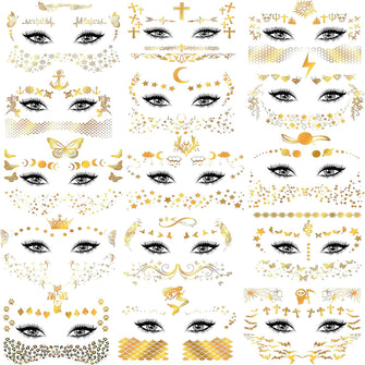 Gold Face Tattoos, 15 Sheets Metallic Temporary Tattoo Sticker Glitter Eye Halloween Face Stickers Jewels Moon Gems Dots Butterfly Star for Women Girls Halloween Makeup Dancer Costume Parties