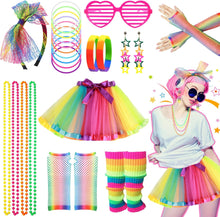 80s Fancy Dress for Women Girls, 1980s Party Rainbow Costume Accessories Set Tutu Skirt Leg Warmers Fishnet Gloves Glasses Earrings Bracelet Necklace Headband, Retro Outfit for 80s Party, Dress up Day