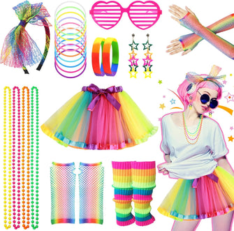 80s Fancy Dress for Women Girls, 1980s Party Rainbow Costume Accessories Set Tutu Skirt Leg Warmers Fishnet Gloves Glasses Earrings Bracelet Necklace Headband, Retro Outfit for 80s Party, Dress up Day