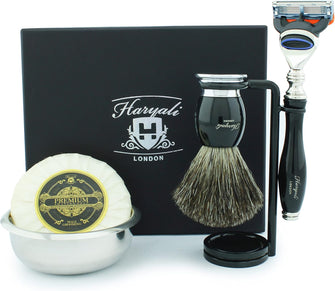 Haryali London Shaving Kit - Black - 5pc Shaving Set - Super Badger Shaving Brush - 5 edge Shaving Blade Shaving Razor - Shaving Stand - Shaving Soap - Shaving Bowl