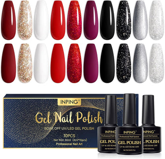 INPING Gel Nail Polish, 10 Colors Red Black UV Gel Nail Polish Set, Burgundy Red Black White Glitter Gold Sparkle Silver Fall Winter Nail Varnish Soak Off UV LED for Christmas Halloween Nail Art