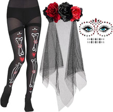 Cindeer 3 Pcs Day of the Dead Headpiece Skeleton Tights Temporary Tattoo Set Day of the Dead Costumes for Women Headband with Veil Rose Floral Gothic Crown Skull Face Body Gems for Ladies Makeup