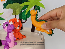 JollyEst 3D Dinosaur Cake Topper  Colourful Clay 14 Piece Set  Handmade polymer clay and felt with Happy Birthday sign  Dinosaur Birthday Decorations  Baby Boy Cake Decorations