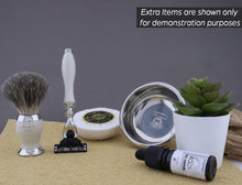 IVORY RESIN HANDLE RAZOR WITH BADGER SHAVING BRUSH SHAVE SOAP AND BOWL GIFT SET Gift Ideas for men Dad Granddad Christmas secret Santa.