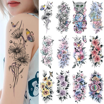 GLARYYEARS Flower Temporary Tattoo for Women, 12 Pack Big Fake Realistic Tattoos, Long-lasting Beautiful 3D Floral tattoos, Makeup on Half Arm Leg Body Thigh