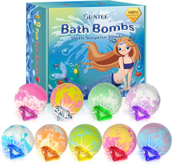 Bath Bombs for Kids with Surprise Inside, 9PCS Suntee Christmas Bath Bombs, Kids Bath Bombs with Diamond for Girls Boys, Organic Bubble Bath Shower Bombs, Birthday Christmas Mermaid Gifts for Girls