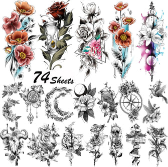 Acevegue 74 Sheets Temporary Tattoos for Women, Half Arm Flower Rose Fake Tattoo Sleeve, Realistic Small Tiny Branch Wild Plant Semi Permanent Transfer Tattoo Stickers for Adults&Girls Body Makeup Art