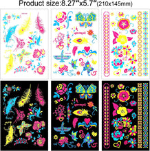 DPKOW 9 Large Sheets Neon Temporary Tattoos, 100+ Assorted Designs Glow UV Neon Body Face Flowers Butterfly Flash Fake Waterproof Tattoo Stickers for Women Men Girls Body Art