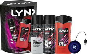 LYNX Recharge Trio bodywash, body spray, anti-perspirant with Wireless Charging Pad, 4 piece Gift Set for Him, perfect for his daily routine