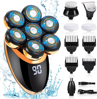 Head Shavers for Bald Men, Bestcool 7D Bald Head Shaver 5-in-1 Electric Shavers Men Wet Dry Mens Head Shaver Cordless Rotary Shaver Grooming Kit with Beard Clippers Nose Trimmer for Men (Gold)