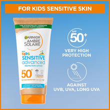 Garnier Ambre Solaire SPF 50+ Sensitive Advanced Kids Sun Cream, High Protection Against UVA & UVB, Non-Sticky Water-Resistant Sunscreen, for Face & Body, Approved by Cruelty Free International, 175ml