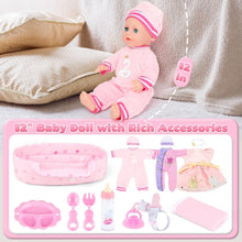 GirlDiary Baby Doll 12 Inches with Accessories Set, 3 Clothes, Bassinet Bed, Feeding Playset, Baby Dolls Girls for 3 4 5 6 7 8 Year Old Toddler Kids, Baby Toys for Gifts, Baby Doll with Clothing
