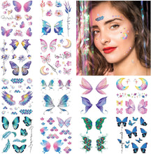 cobee 100pcs Face Temporary Tattoos, 12 Sheet Glitter Butterfly Fake Tattoos Stickers Bling Metallic Freckle Tattoo Water Transfer Tattoo Art Face Arm Body Sticker for Women Makeup Birthday Rave