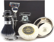 Haryali London 5Pc Black Mens Shaving Kit 5 Edge Compatible Razor with Black Synthetic Hair Shaving Brush, Stand, Bowl and Soap Perfect Set for Men