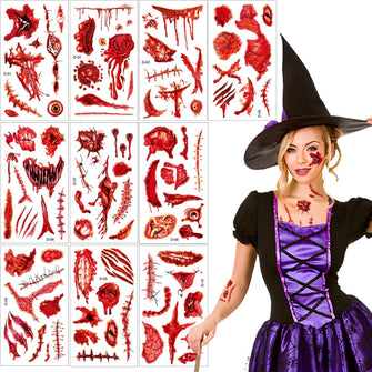 Halloween Zombie Makeup Tattoos, Fake Scars Cuts Temporary Stickers Blood Wound Stitch Realistic Pattern Vampire Bite Marks Adults Kids Clown Prank Makeup Props For Halloween Party Cosplay(10 Sheets)