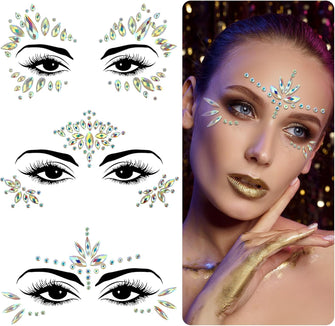 Grevosea Luminous Face Gems, 3 Sets Face Jewels Stick on Halloween Face Rhinestones Crystals Face Stickers Eyes Face Body Temporary Tattoos Stickers Halloween Costumes and Parties Accessories