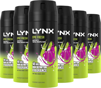 Lynx Epic Fresh grapefruit & tropical pineapple deodorant Bodyspray 48 hours of odour-busting zinc tech 150 ml pack of 6