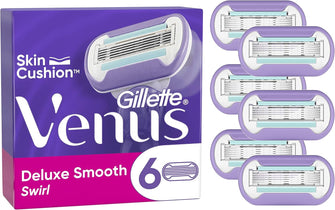 Gillette Venus Deluxe Smooth Swirl Razor Blades Women, Pack of 6 Razor Blade Refills, Lubrastrip with A Touch of Vitamin E, SkinCushion Helps Protect From Shave Irritation