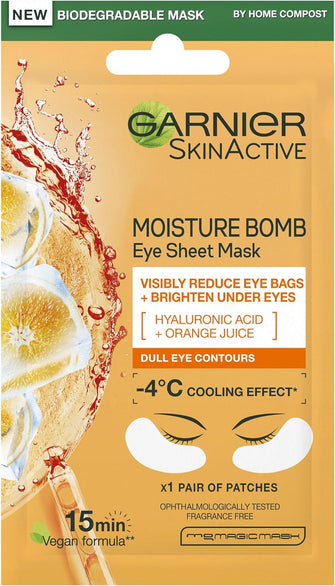 Garnier Moisture Bomb Eye Mask With Hyaluronic Acid And Orange Juice, Hydrating And Brightening Under Eye, Reduce Appearance Of Eye Bags, Biodegradable And Vegan Tissue, Orange, 28 G, Pack Of 1