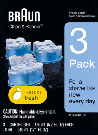 Braun Clean and Renew Electric Shaver Cleaning Cartridges, Hygienically Cleans, Removing Residual Hair & Skin Particles, 3 Pack, Lemon Fresh