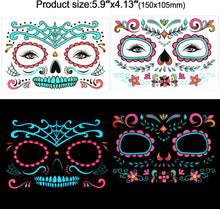 HOWAF 8 Halloween Face Tattoo Glow In The Dark, Day of The Dead Face Tattoos Sugar Skull Day of The Dead Tattoos Halloween Face Temporary Tattoos for Women Men Adult Kids Halloween Party Supplies