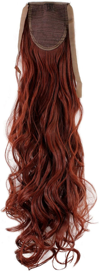 Hairpiece PONYTAIL (comb & ribbon wrap-around system) extension pigtail very long (24 inches) slightly CURLED wavy DARK RED YZF-1094HT-35