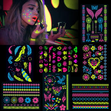 Konsait 7 Large Sheets Neon Temporary Tattoos, 100+ Shimmer Designs Glow UV Neon Body Face Skin Tattoo Jewellery Tattoos Flash Fake Waterproof Tattoo Stickers for Women Girls Body Art