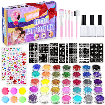 Glitter Tattoos for Kids, Girls Temporary Glitter Tattoo Kit, 41 Colours Glitter 215 Rhinestones 204 Stencils 3 Glue 5 Brushes Waterproof Tattoos, Festival Glitter for Girls & Adults, Birthday, Party