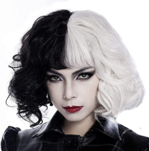 Half Black and Half White Wig Cosplay Deville De Vil Cosplay Wigs Short Curly Synthetic Hair Wig for Women Halloween Carnival Party Fancy Dress