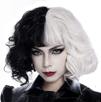 Half Black and Half White Wig Cosplay Deville De Vil Cosplay Wigs Short Curly Synthetic Hair Wig for Women Halloween Carnival Party Fancy Dress