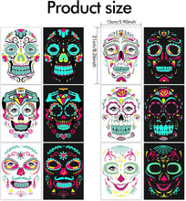 DPKOW Glow In The Dark Halloween Temporary Tattoos Sugar Skull Face Tattoo Halloween, 6 Sheets Luminous Halloween Tattoo Stickers Skeleton Spider Web Rose for Adults Kids Halloween Makeup Accessories