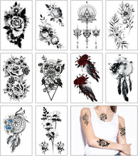 Large Flowers Collection Temporary Tattoos, 10 Sheets Waterproof Black Flowers Temporary Tattoo Stickers Hand Leg Shoulder Lasting Fake Tattoos for Women and Girls Y7HDWST