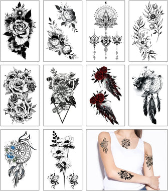 Large Flowers Collection Temporary Tattoos, 10 Sheets Waterproof Black Flowers Temporary Tattoo Stickers Hand Leg Shoulder Lasting Fake Tattoos for Women and Girls Y7HDWST