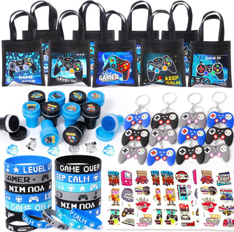 Gaming Party Bag Fillers Video Game Party Favours Black Party Bags Keychain Luminous Tattoo Sticker Silicone Bracelet Stamps Gamer Birthday Party Supplies Pinata Goodie Bag Fillers for Kids Boys