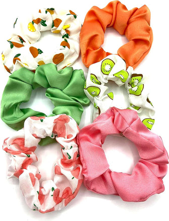 Pack of 6 Scrunchies Fruit Print & Satin Ladies Girls Hair Accessories Bobbles