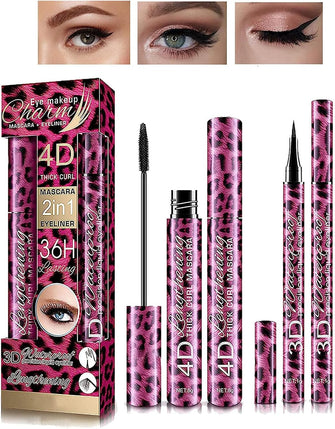 4D Silk Fiber Eyelash Mascara & Eyeliner Kit, 4D Eyelash Mascara with Liquid Eyeliner Kit, Waterproof Sweat-Proof SmudgeProof, for Longer, Thicker, Voluminous Eyelashes Perfect Eyes Makeup-Black