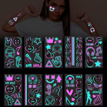 10 Sheet Neon Temporary Tattoos Glow In Dark, Waterproof Face Tattoos Stickers for Women Girls UV Blacklight Rave Festival Party Flash Music Fake Tattoos Accessories (Absorb Enough Light)