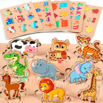 lenbest Wooden Puzzle Toddler Toys - 6PCS Jigsaw Puzzle - Toys for 3 Year Old Boys Girls - Montessori Kids Toys for 1 2 Year Old Girls Boys - 1 2 3 Year Old Boy Girl Gifts