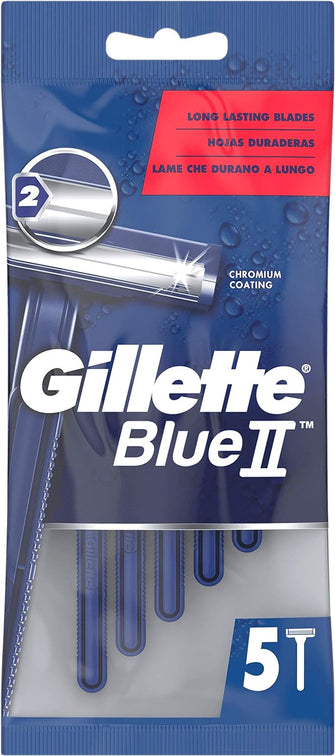 Gillette BlueII Men's Disposable Razors x 5, 2-Blades Razor, Fixed Head