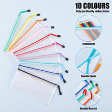 Clear Pencil Case Zipper File Bags, 10PCS Mesh Pencil Pouch Plastic Zip Wallets Folders Waterproof Travel Storage Pouch for Exams, Bills, Cosmetics, School Supplies and Travel Accessories, 10 Colours