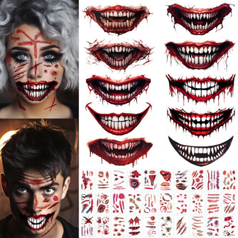 ENYACOS 40 pcs Halloween Fake Scars Temporary Face Tattoos,Halloween Waterproof Makeup Tattoos Kit,Temporary Face Tattoos Stickers Suitable for Halloween Cosplay halloween face stickers