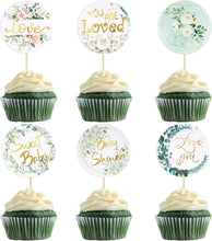 Gyufise 36Pcs Baby Shower Cupcake Toppers Baby Cupcake Toppers Gold Woodland Jungle Safari Theme Cupcakes Decor Gender Reveal Cake Topper Boy Girl Birthday Party Green Leaf Cake Decorations