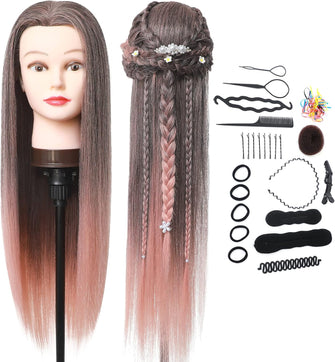 DanseeMeibr Hairdressing Head, 26-28Inch 100% Synthetic Fiber Hair Training Head for Hairdressers Girls Stylists, Soft Mannequin Dolls Head for Practicing Hairstyles