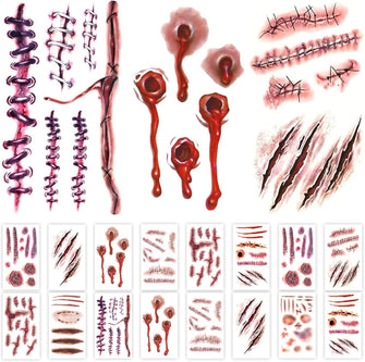 16 Sheets Scar Tattoo StickerHalloween scar tattoos Stickers with Fake Scab Blood,zombie tattoo,halloween scar makeup,halloween face sticker, halloween tattoo sticker